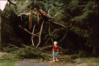 Son Alex in driveway after Hurricane Bob, 1991